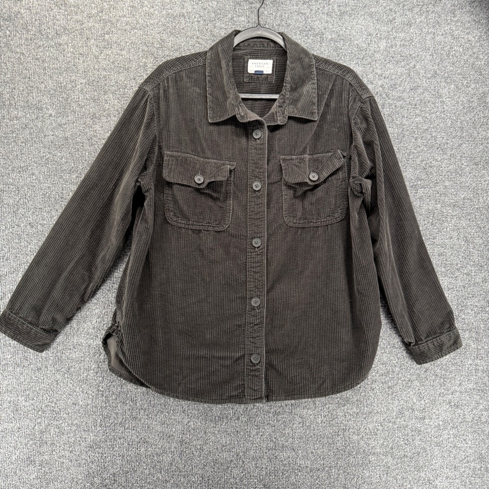 American Eagle Corduroy Jacket Womens M Gray Button Up Western Ranch Boho Grunge